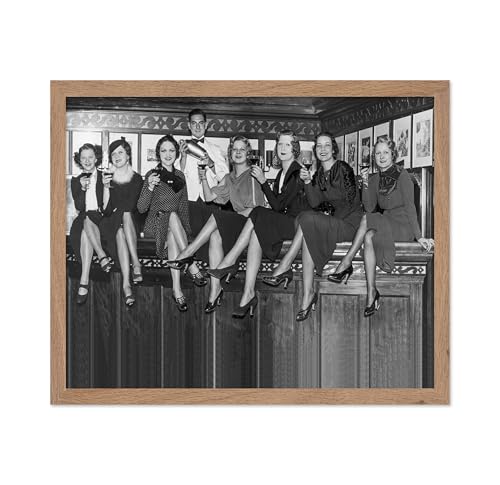 Poster Master Vintage Photograph Poster - Retro Feminist Print - Gift for Artist, Friend - Women Sitting On A Bar Counter, Drinking Wine - Wall Decor for Bar, Restaurant, 8x10 Beige Framed