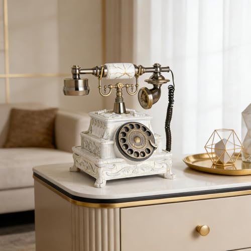 Téléphone rétro filaire en métal texturé blanc, objet d'exception