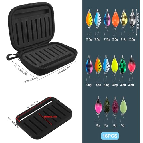 Forellen Spoon Set 16 Stück Kunstköder Spinner Blinker Set Forellenköder Spoons Set 2.5g/3.5g/5g Angelzubehör mit Aufbewahrungsbox für Forelle Barsch Hecht Zander