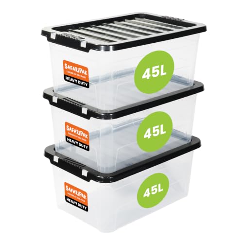 SAFARIPAK 3 x 45 Litre Stackable Clear Plastic Storage Boxes with Lids Clip-Lock Lid Sturdy Space Saving Nestable Box Lidded Containers for Home Kitchen Moving Garage Office & Organisation
