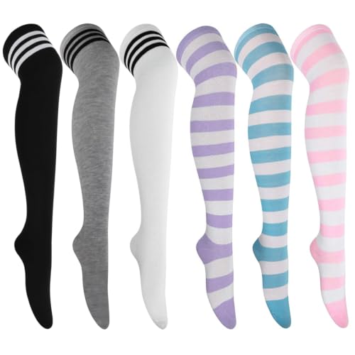 Image of AQOKKA Thigh High Socks for Women Striped Over Knee Thigh Socks Long Boot Thigh High Stockings Leg Warmers for Girls