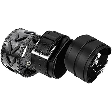 OIDEA 3pcs Mens Punk Rock Leather Bangle Cuff Bracelet,Adjustable Size fit for 7 to 9 Inch Large Wrist Cover