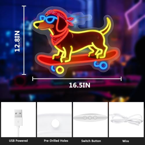 Image of Skateboard Dog Neon Signs, Dachshund Skateboarding Neon Sign Cool LED Wall Art Decor | Dimmable Dog Lover Gift | Idea for Living Room, Bar, Shop, or Birthday Party