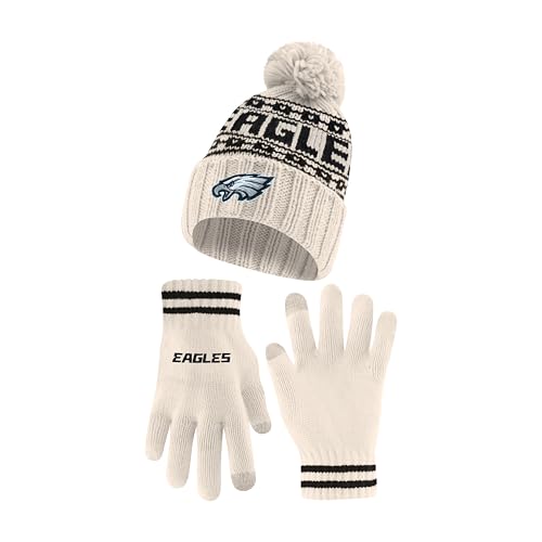 Ultra Game NFL Official Adults Unisex Super Soft Cable Knit Winter Beanie Knit Hat with Extra Warm Touch Screen Gloves, Philadelphia Eagles, Natural, 1SIZE
