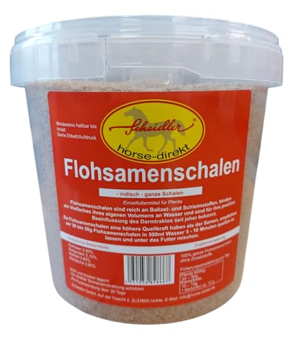 Scheidler horse-direkt 1 kg Eimer Flohsamenschalen indisch, ganz für Pferde, Ponys – Einzelfuttermittel mit viel Ballaststoffen und Schleimstoffen – inkl. Messlöffel