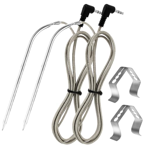 HSHGZSR 2 Pcs Plug Temperature Probe with 2 Probe Clips Replacement Meat Probe Meat Temperature Probe Stainless Steel Smoker Thermometer Probe Precise High Temperature Meat Probe for BBQ Grilling