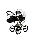 BabyLux Margaret Gold 4 in 1 Reisesystem Retro| Fuß + Schweißer + Auto Sessel mit Zubehör + ISOFIX, Regenschutz 14" Pompes | Schwarz Punkte