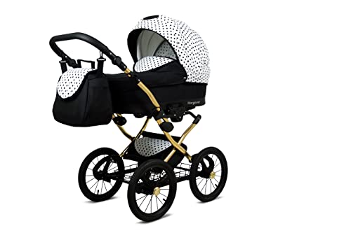 BabyLux Margaret Gold 4 in 1 Reisesystem Retro| Fuß + Schweißer + Auto Sessel mit Zubehör + ISOFIX, Regenschutz 14" Pompes | Schwarz Punkte