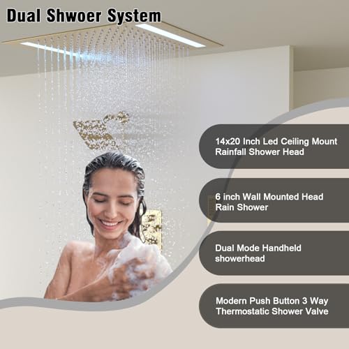 Sistema de grifería con cabezal de ducha dual de lluvia 14x20 pulgadas con LED, apoyo de techo, cabezal de pared de 6 pulgadas y ducha de mano miniatura 5