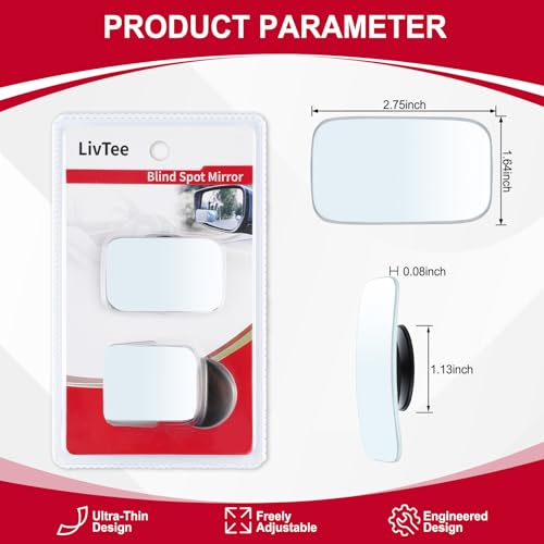 Image of LivTee Blind Spot Mirror, Rectangle Shaped HD Glass Frameless Convex Rear View Mirror with wide angle Adjustable Stick for Cars SUV and Trucks, Pack of 2