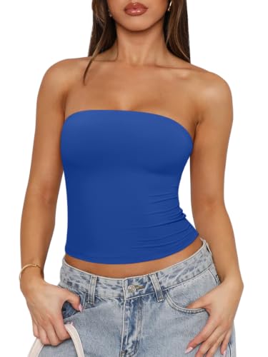 REORIA Women's Strapless Tube Tops Double Lined Non-Slip Y2K Crop Tank Top | Built-in Silicone Gripper,Non-see-through,Lightweight Buttery Soft High Stretchy Bandeau Crops for Summer Layering Going Out