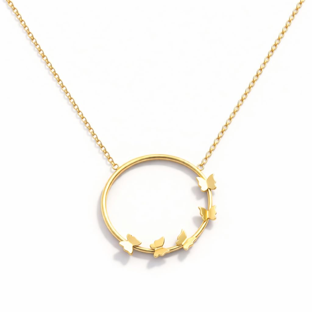 Collar de oro amarillo de 18 quilates, mariposas en un círculo, 3,31 gr, cadena de cable 48,5 cm, sello 750