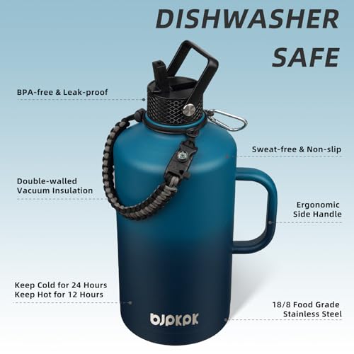 Image of BJPKPK 1 Gallon Water Bottle Insulated with Straw Lid, 128oz Large, Stainless Steel Water Bottles with 3 Lids and Paracord Strap, Double Wall Vacuum Metal Water Jug,Vast