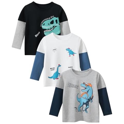 Toddler Boys 3 Pack Long Sleeve Cotton Shirts Kids Dinosaur Raglan Fall T-Shirts Sweatshirt Tee Sets, Black+ Grey+ White,4T-5T Cover
