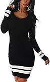 Jela London Feinstrick Strickkleid Stretchkleid Pulloverkleid Longpullover Midi Feinripp-Optik Streifen Langarm, Schwarz