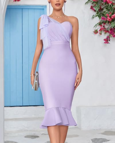 Image of houstil Women's One Shoulder Fishtail Wedding Guest Bandage Dress Mesh Midi Graduation Bodycon Party Club Dresses