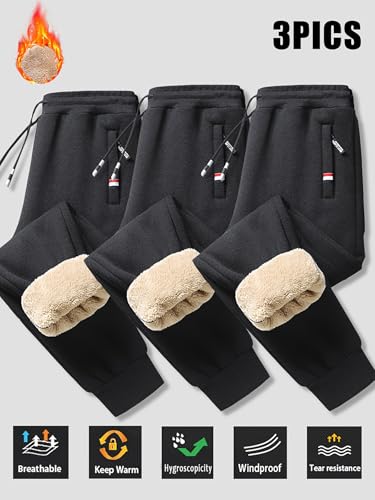 3pcs Men's Print Solid Color Fleece Lining Sweatpants with Drawstrings, Casual Warm Thickened Windproof Trousers3