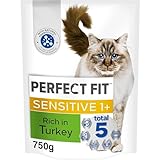 Perfect Fit Sensitive Adult 1+ Complete Dry Cat Food for Adult Cats Aged 1+ Years, Rich in Turkey, 4 Bags (750 g)
