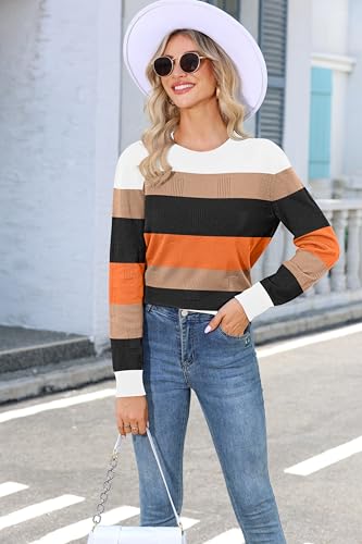 Image of GUNEST Women's Striped Sweater Long Sleeve Crew Neck Ribbed Knit 2025 Fall Winter Pullover Sweater Tops