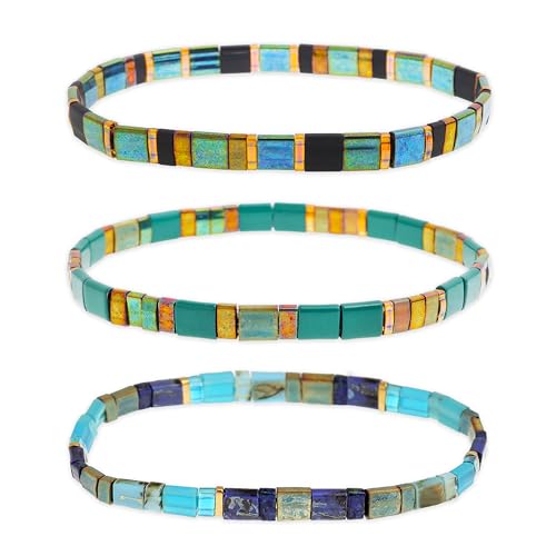 Sonateomber Tila Flat Beaded Stretch Stack Bracelets Set for Women, Trendy Stackable Colorful Glass Square Beads Bracelet Friendship Accessories Jewelry Gift