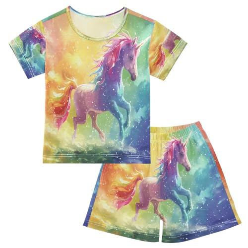 senya Short Sleeve Pajamas Sets Summer Cotton Sleepwear Unicorn Standing on The Rainbow Hand-painted Illustrat
