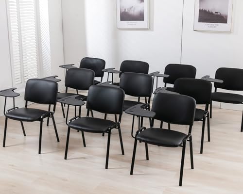 Image of HNY Black Tablet Arm Chairs Set of 15, PU Comfort Office Waiting Room Guest Nesting Stacking Chairs, Reception Chair with Flip-Up Table Conference Chair for School Classroom Training Meeting Room