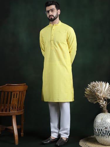 Image of SOJANYA (Since 1958 Men's Pure Cotton Checked Embroidered Long Kurta | Traditional for Diwali Celebrations