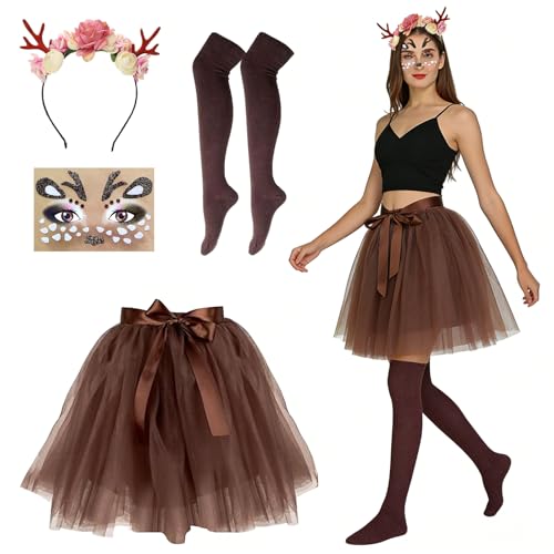 MINGJAY Deguisement Renne Femme,4 Pièces Serre Tete Renne Tutu Jupe,Deguisement Rennes de Noel Femme,Costume De Rennes Deguisements,Cerceau Bandeau Bois Rennee,pour Femmes Carnival Halloween Noël