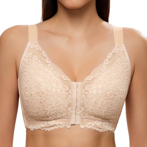 Luckfire Lace Minimizer Wireless Bralette Bra Soft Comfy Front Close,Full Coverage T-Shirt Bras Thin Padded No Underwire Yellowish Brown