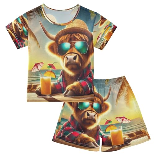 Highland Cow Beach Summer Pajama Set Short Sleeve Sleepwear Soft Pajamas Shorts Sets Cotton PJS 5Y