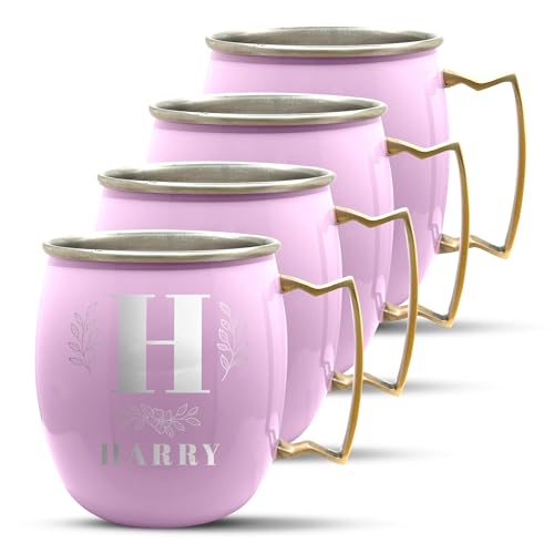 Personalized Custom Pink Mug Smooth Finish Moscow Mule with Brass Handle | Bold Leaf Monogram Engraved Bar Style Cup, 18 oz | Set of 4