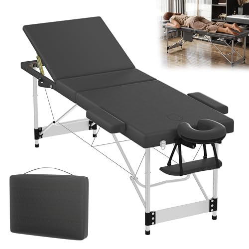 YRHome Camilla de masaje portátil plegable negra – Mesa de masaje de aluminio con 3 zonas de altura regulable (8 niveles) – Cama de masaje portátil con reposacabezas, reposabrazos y bolsa para