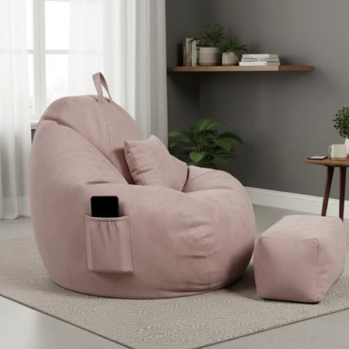 Image of 4XL Suede Bean Bag Chair with Footrest & Cushion | Filled with High Density Polystyrene Beans | Premium Soft Fabric | Teardrop Design with Handle | Ready to Use Color- (ROSE GOLD, Bean Bag)