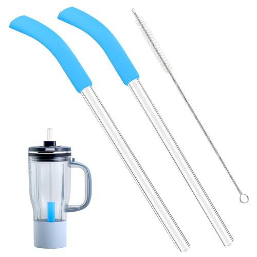 Ersatz-Strohhalm-Set für Ninja Blend Boss Mixer, 2 Wiederverwendbare Glasstrohhalme eine Reinigungsbürste, Kompatibel mit Ninja Blend Boss Reisebecher, Silikonfuß, BPA-frei