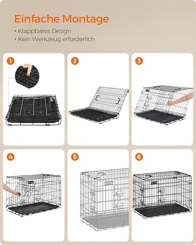 Feandrea Hundekäfig, klappbar, mit 2 Türen, ausziehbare Kunststoffschale, 136 x 79 x 87 cm, XXXL, schwarz PPD054B01