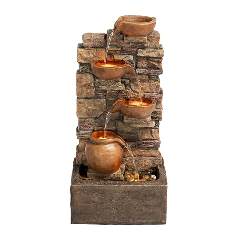 Teamson Home 72.3 cm Outdoor 4-Tier Stacked Stone Cascading Water Fountain with LED Lights, Brown