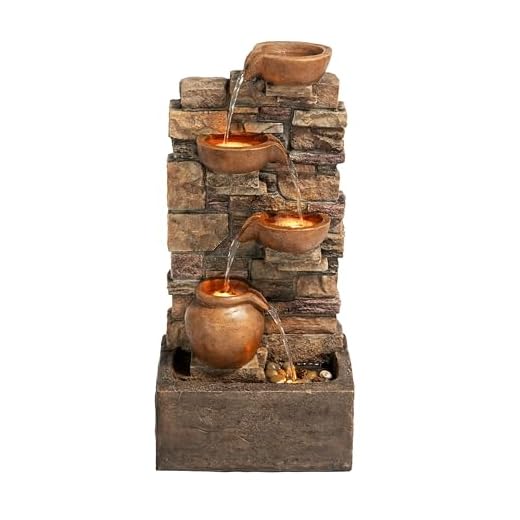 Teamson Home 72.3 cm Outdoor 4-Tier Stacked Stone Cascading Water Fountain with LED Lights, Brown