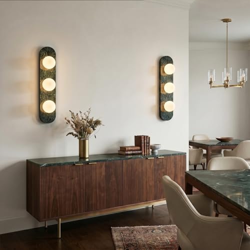 Image of Modern Green Marble Wall Sconce, Natural Stone Wall Lamp with Etched Opal Glass Shade, Mid-Century Minimalist Hardwired Wall Light for Bathroom Vanity, Bedroom, Living Room, Hallway 23.6in