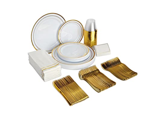 200 Piece Gold Dinnerware Set For 25 Guests, Disposable Gold Plastic Plates, 25 Linen-Feel Napkins, 25 Gold Plastic Silverware Set, Place Cards, Dinner & Desert Plates, & Cups For Weddings & Parties #TOP6