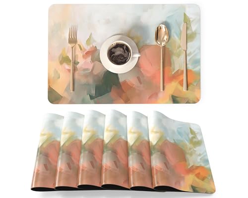 QIYI Set di 6 tovagliette in finta pelle, impermeabili, resistenti all'olio, resistenti al calore, per cucina, sala da pranzo, uso interno ed esterno, 45 x 30 cm, design astratto pastello ad