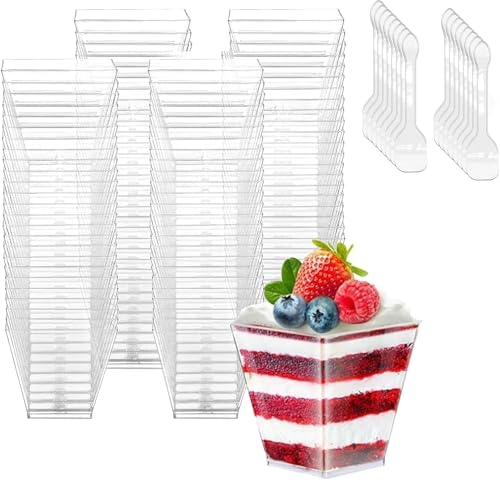 Tasses à Dessert, 50 Pièces 120ml/4oz Coupes Gobelets avec 50 Cuillères Mini Tasses à Dessert Gobelets Verrines à Dessert Réutilisables en Plastique pour...