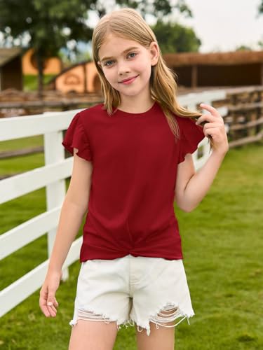 Image of Haloumoning Girls Ruffle Sleeve T Shirts Summer Crewneck Shirt 5-14 Years