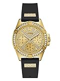 GUESS  Comfortable Gold-Tone + Black Stain Resistant Silicone Watch with Day, Date + 24 Hour Military/Int'l Time. Color: Black (Model: U1160L1)