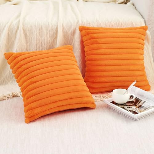 Image of Pallene Faux Fur Plush Fall Throw Pillow Covers 22x22 Set of 2, Luxury Soft Fluffy Striped Decorative Pillow Covers for Sofa, Couch, Living Room, Burnt Orange