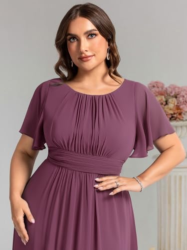 Image of Ever-Pretty Plus Elegant Formal Dresses for Curvy Women Round Neck Short Sleeves Chiffon Bridesmaid Mother of The Bride Dress