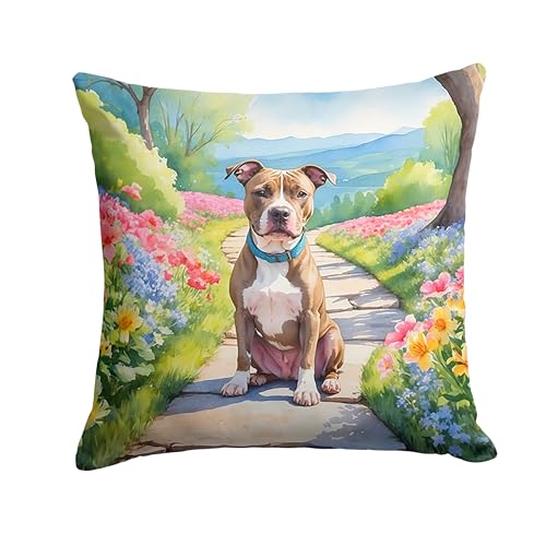 Caroline's Treasures Pit Bull Terrier Spring Path Throw Pillow Machine Washable, Indoor Outdoor Decorative Pillow for Couch, Bed or Patio, 18Hx18W