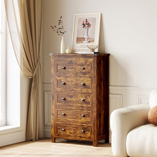 Image of Wodeer Brown Dresser Tall 5 Drawer Dresser for Bedroom, Wooden Dressers & Chests of Drawers with Metal Handles, Modern Storage Cabinet and Organizer Drawers for Bedroom, Hallway, Entryway