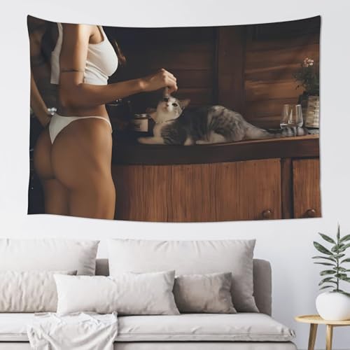 Tapestry Cat Pet Lover Sexy Hot Girl Nude Naked Woman Wall Hanging Tapesties for Home Bedroom Men Decor