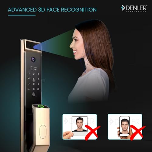 Image of Denler DL10v2 8-in-1 Smart Door Lock | 3D Face ID | Fingerprint | App Unlock | LCD Camera | Inbuilt Wi-Fi | Alexa & Google Support | Android & iPhone | RFID | PIN | Key