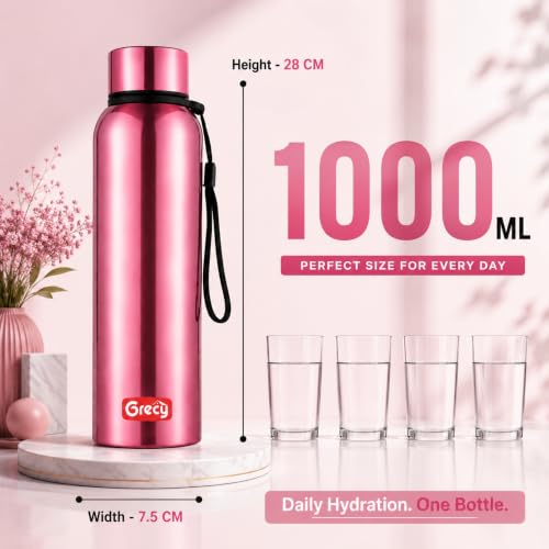 Image of GRECY Hydra Sip Steel Water Bottle 1000ml Metallic Pink | Leak Proof | BPA Free | Food Grade Stainless Steel | Rust Proof | Single Wall | Odour Free | Lightweight | School Office Travel